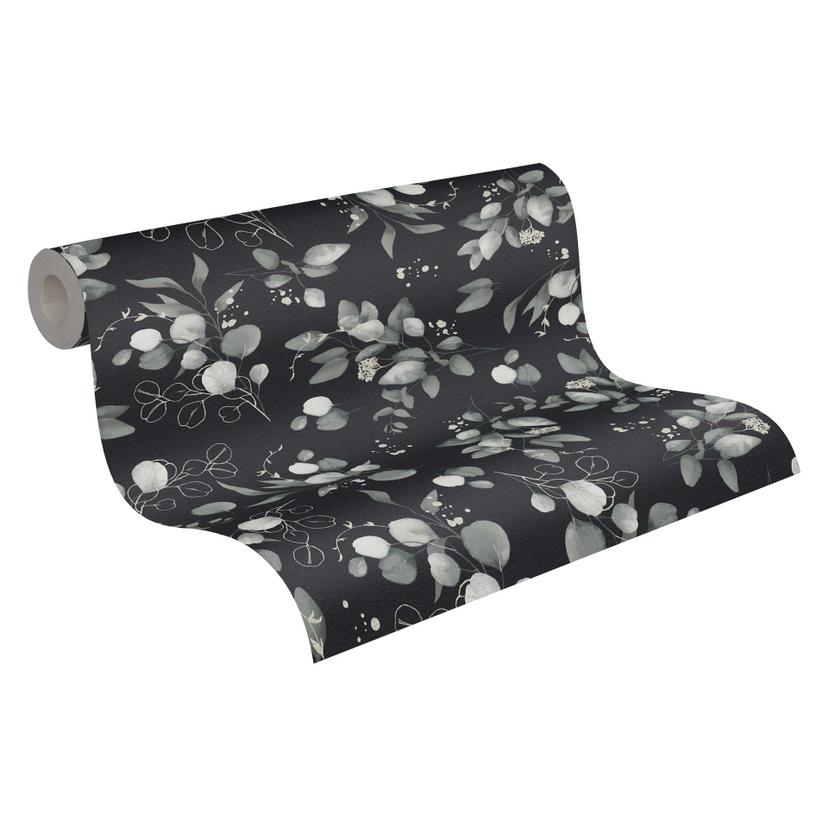 Papel pintado acuarela floral negro gris - Papel no tejido con hojas - motivo naturaleza elegante