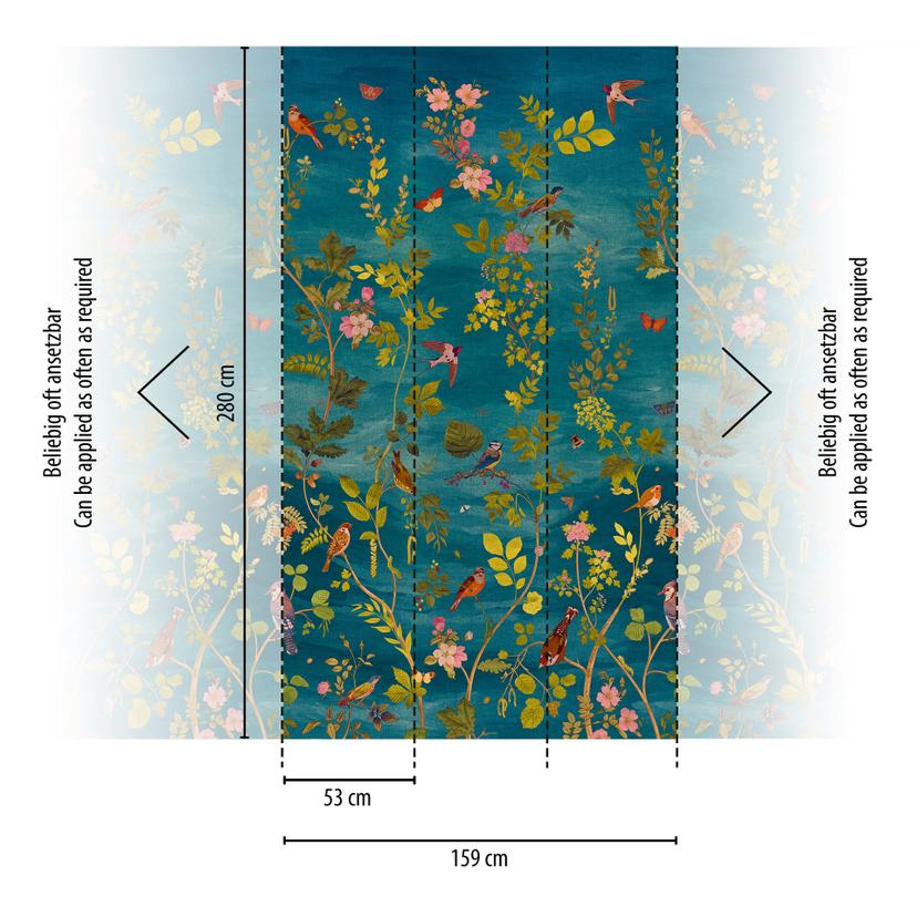 Fotomurale foglie uccelli blu verde rosa opaco estensibile 1,59 x 2,80 m Stampe per pareti