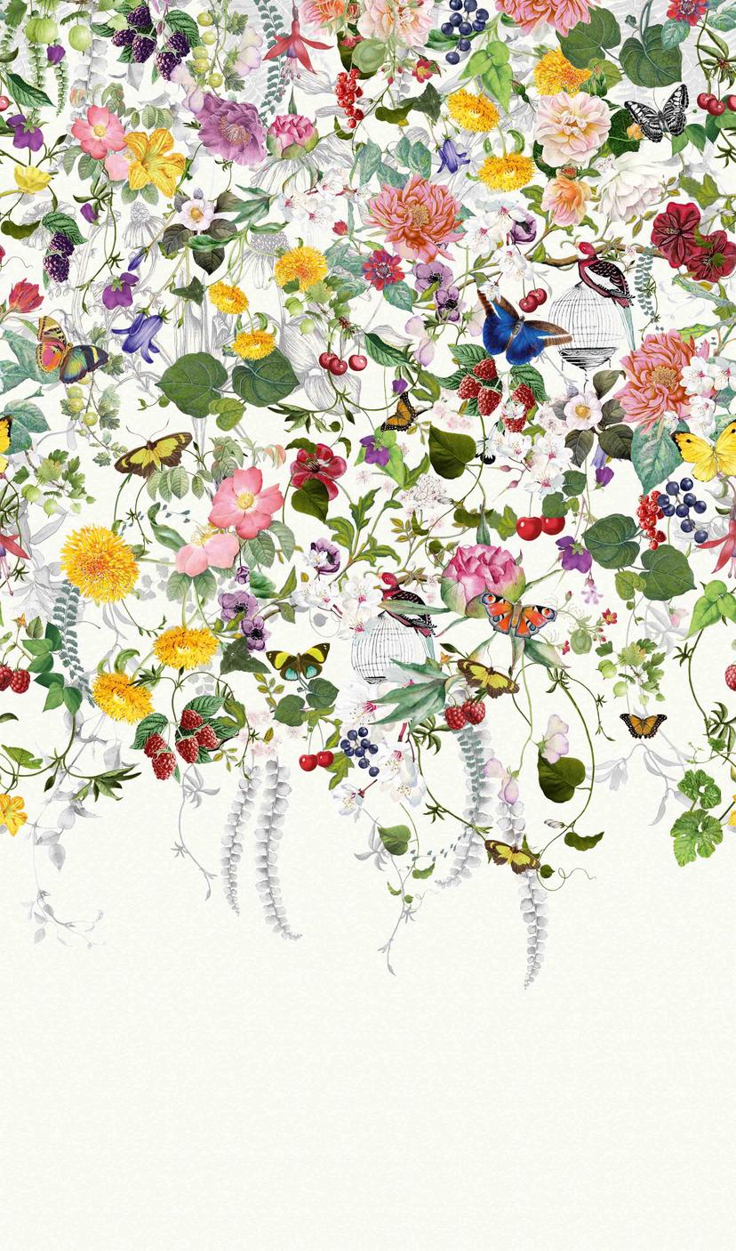 Fototapet Farverig blomstereng med sommerfugle og bær vintage 2,7 x 1,59 m