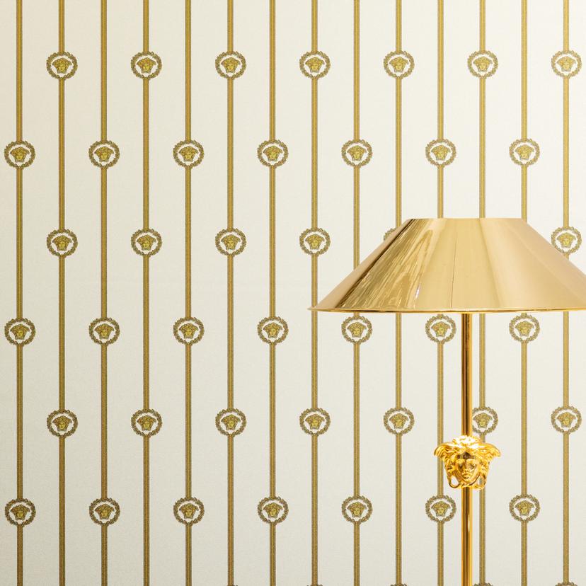 Versace ikke-vævet tapet I Love Baroque striber Medusa White Gold luksuriøst
