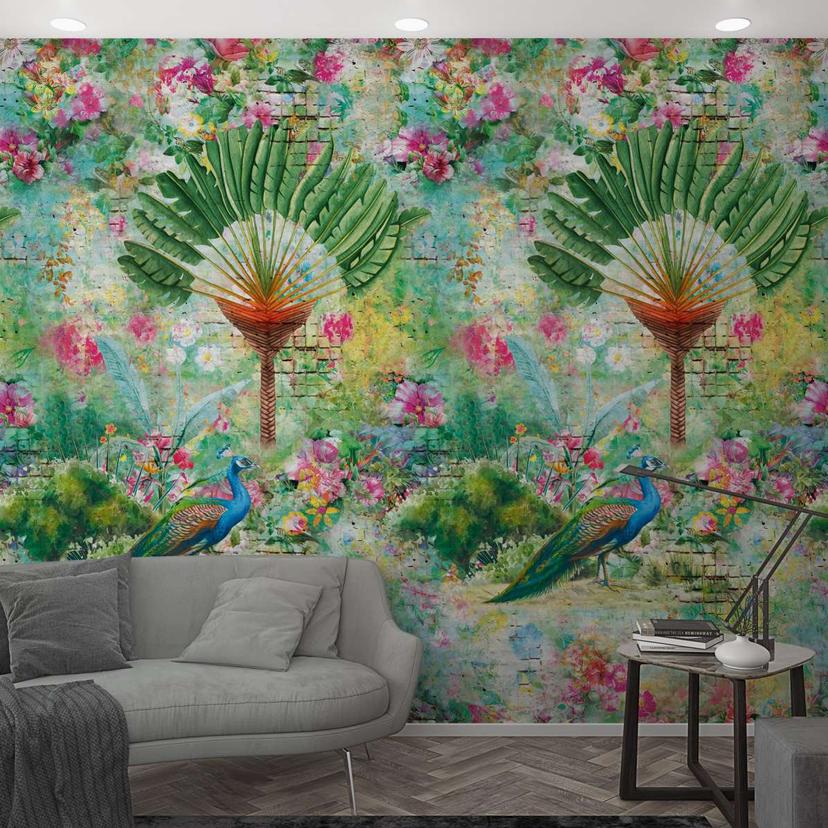 Blomster og påfugle tapet Fototapet grøn, pink, steneffekt 2,70 x 1,59 m