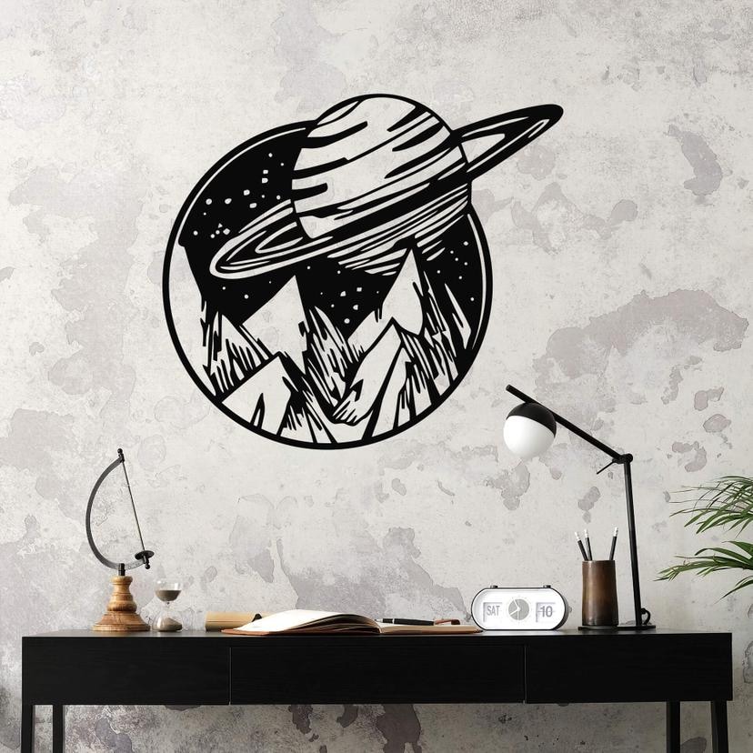 Wandtattoo Weltraum - Saturn über Berglandschaft - Rund