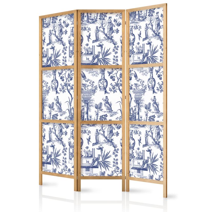 Japanischer Paravent, Raumteiler freistehend, Trennwand - Rome and Botany: Blue Greek and Plant Patt