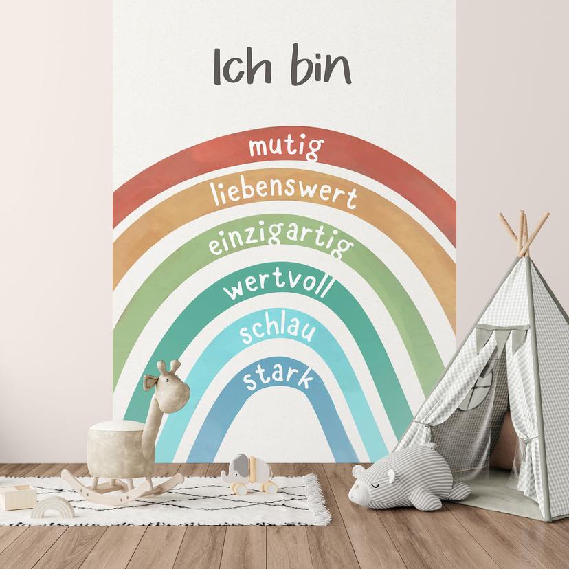Kinderzimmer-Tapete mit Regenbogen und Selbstliebe-Sprüchen