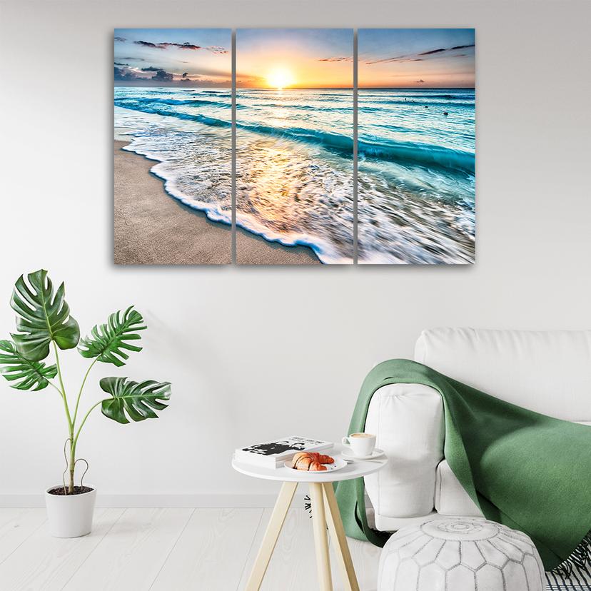 Stampa su tela 3 pezzi, tramonto sulla spiaggia del mare