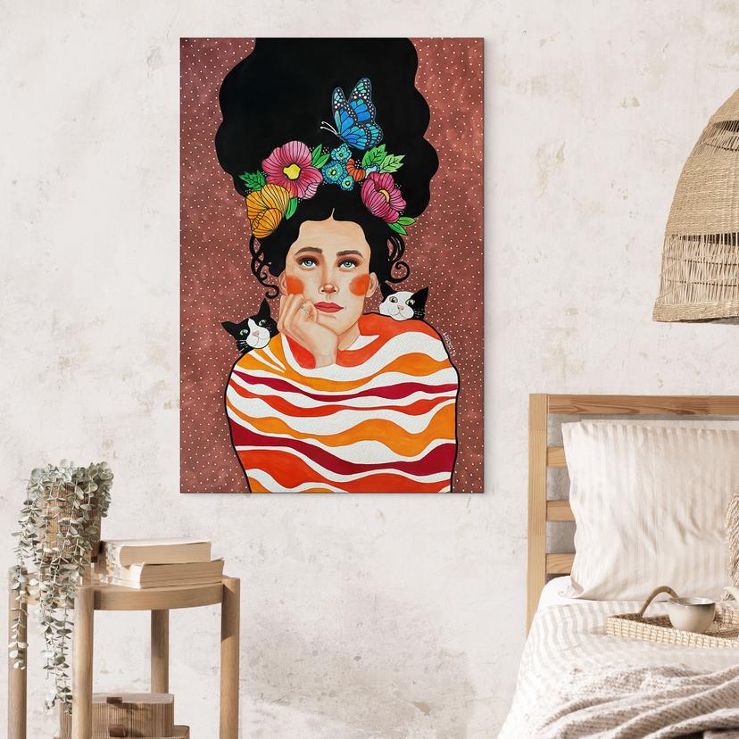 Stampe per pareti Donna con corona di fiori e gatti - Hülya - Alu-Dibond