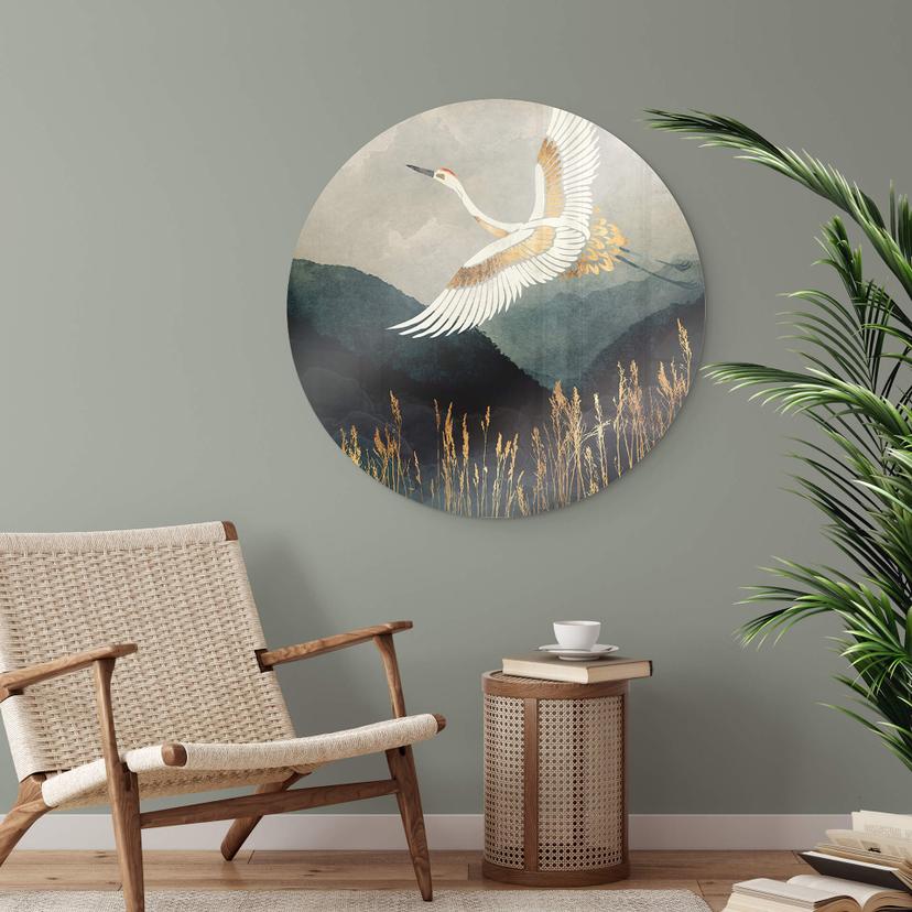 Glasschilderij Rond SpaceFrog Designs - Elegante Kraanvogel - Japandi