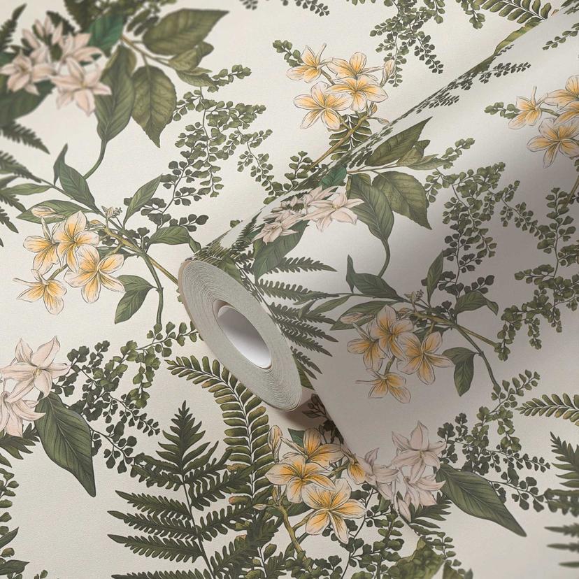 Carta da parati con fiori di colore bianco verde - Carta da parati in tessuto non tessuto con motivi