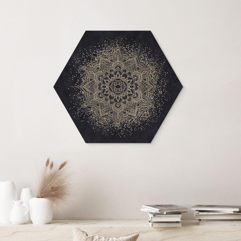 Stampe per pareti esagonali Mandala elegante in nero e oro - Bloomery Decor - alluminio dibond
