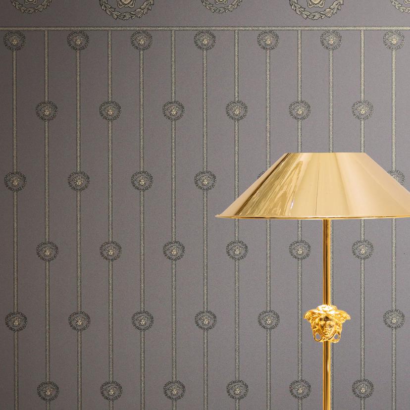Papier peint intissé Versace Bordure de socle Tête de Méduse Gris Noir Argent Métallique