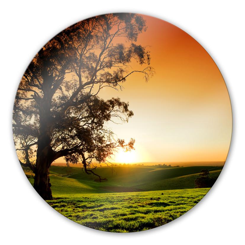 Tableau en verre - Coucher de soleil sur les collines - Rond
