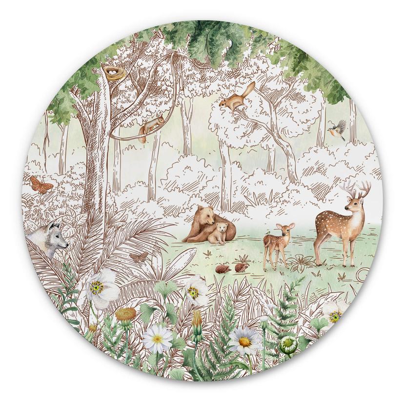 Tableau sur alu-Dibond rond Kikki Belle - Printemps des amis de la forêt