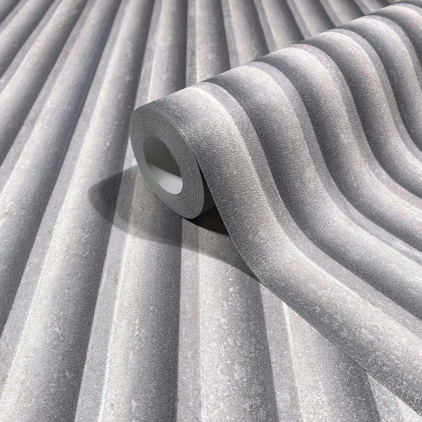 Carta da parati in tessuto non tessuto in grigio aspetto 3D pannello acustico aspetto legno strisce