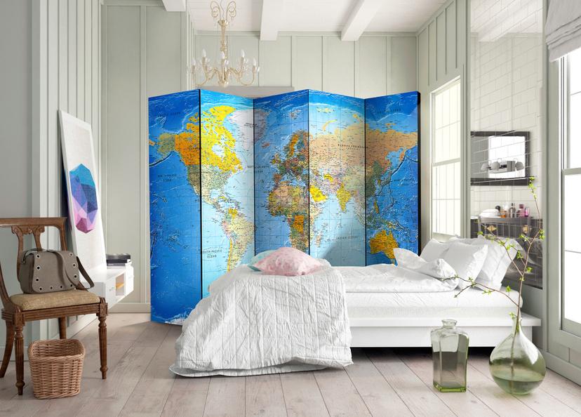 Schermo divisorio - Mappamondo classico, 5 pezzi - 225x172 cm