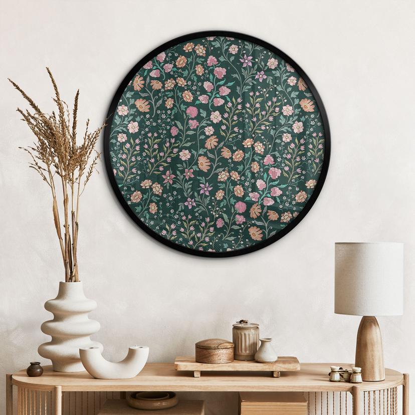 Poster Fiori di prato vintage - Verde scuro - Decorazione floreale - Rotondo