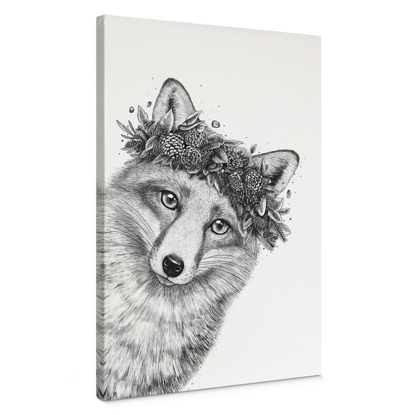 Canvasbillede Sort og hvid ræv med blomsterkrans - Korenkova