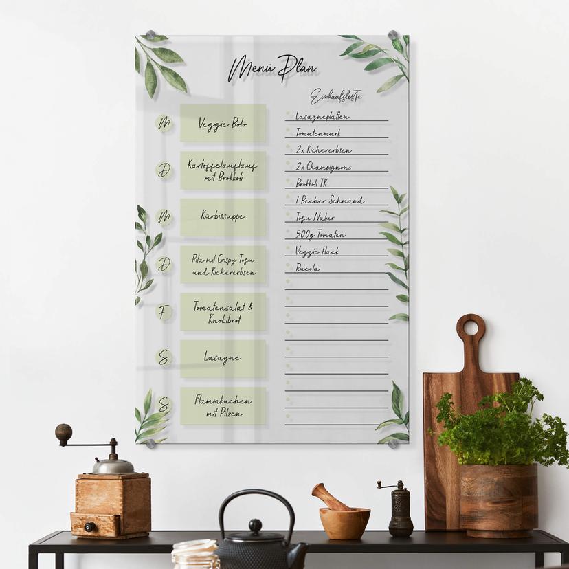 Memoboard Glas/Acryl Menüplaner und Einkaufsliste - transparent
