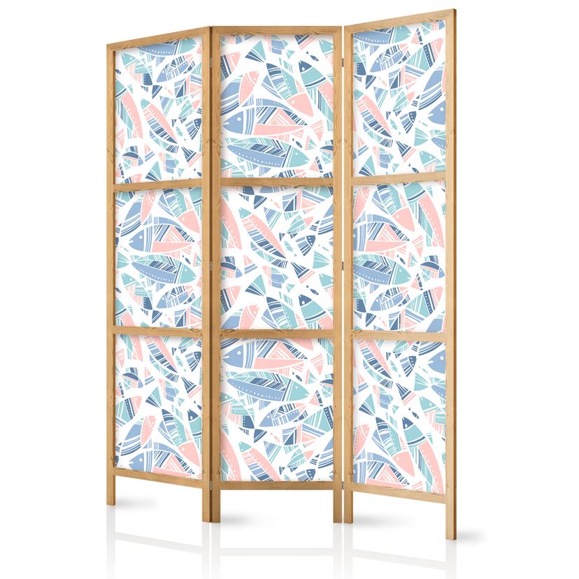 Japanischer Paravent, Raumteiler freistehend, Trennwand - Fish in Aztec Style in Pastel Color Shade