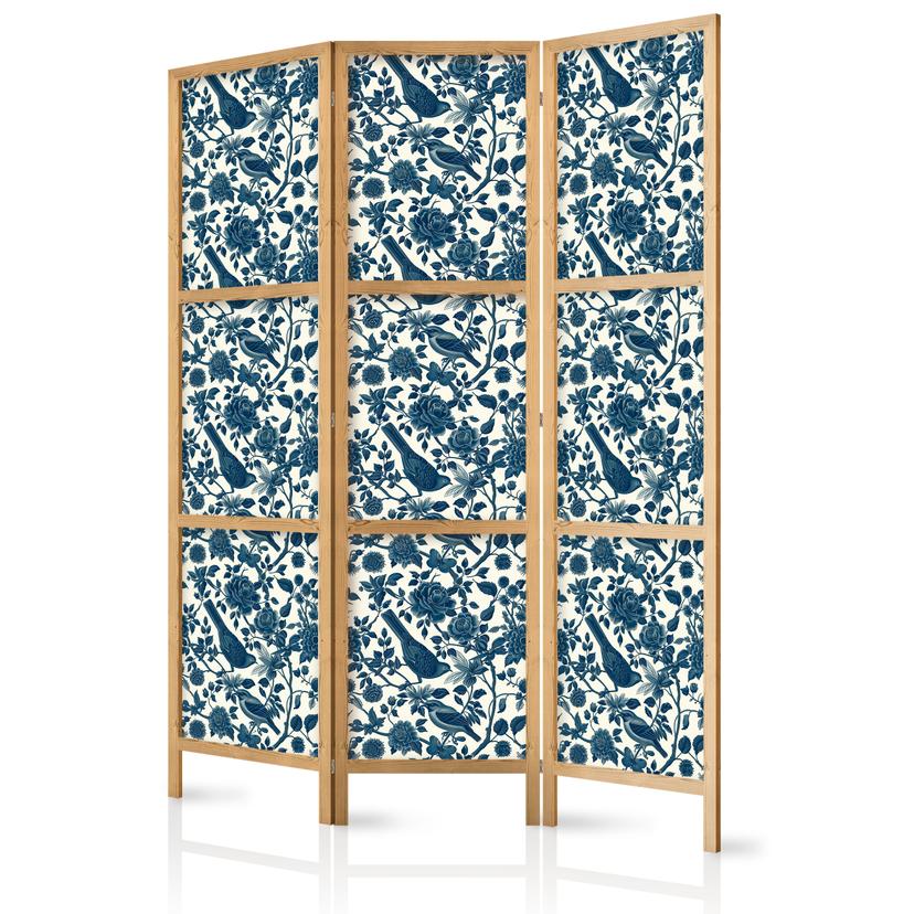 Japanischer Paravent, Raumteiler freistehend, Trennwand - Rose Vines with Blue Birds