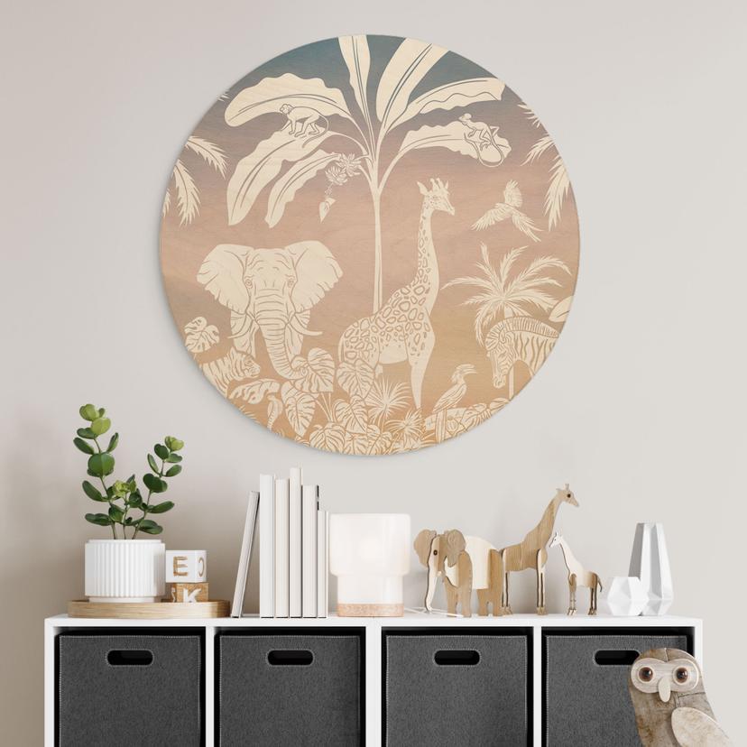 Stampa su legno del paradiso della giungla con animali selvatici - Ombre - Kikki Belle - Rotondo