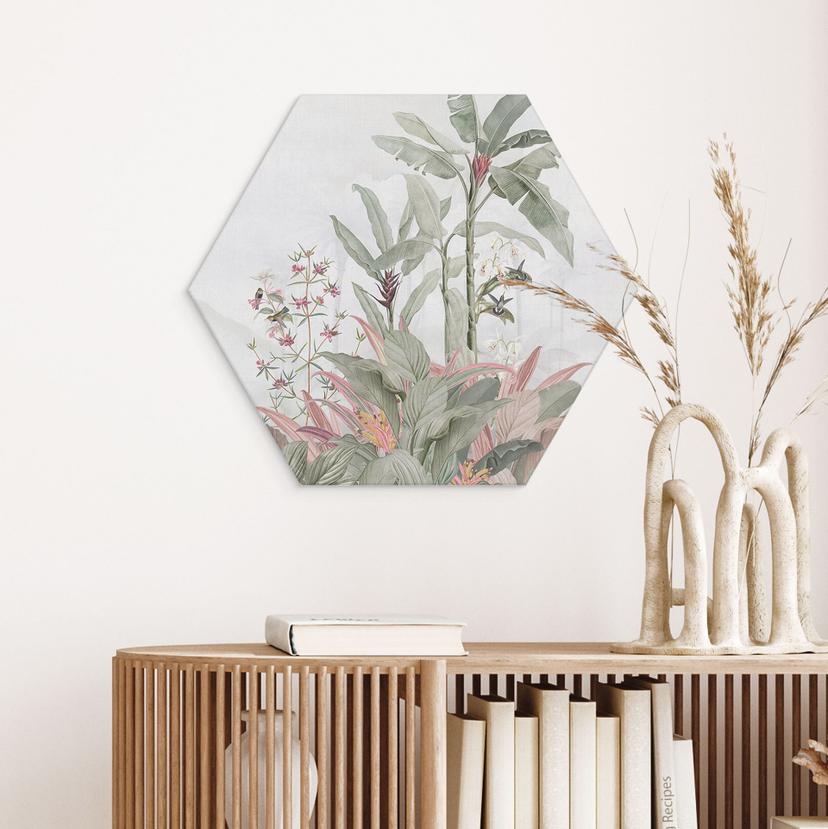 Stampe esagonali per pareti Idillio tropicale con colibrì blu - Bloomery Decor - Alu-Dibond
