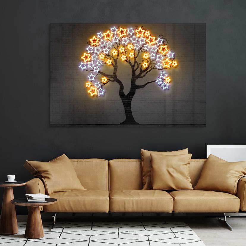 Stampa su vetro acrilico Albero con stelle | Arte al neon - Mielu