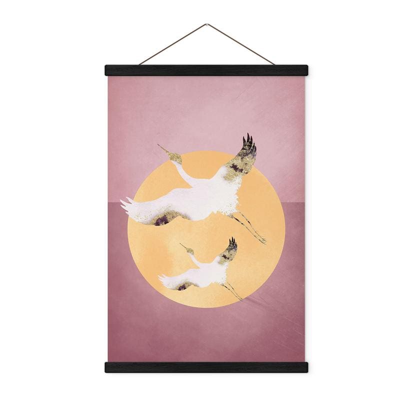 Tekstil plakat Hvide og gyldne traner på en lyserød himmel - Aureous