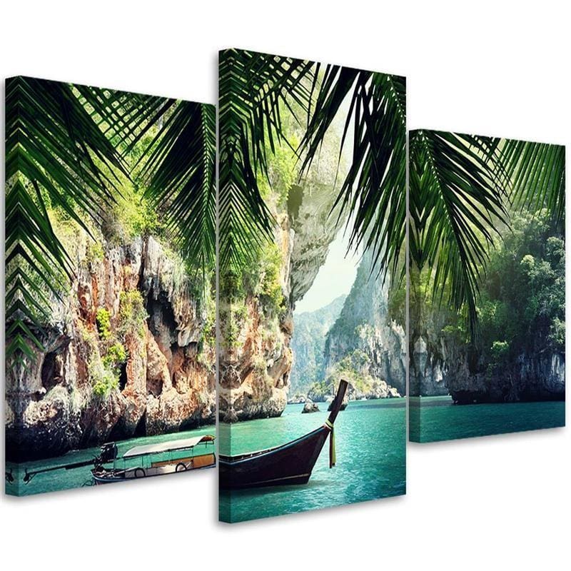 Tableau sur toile en 3 parties Bateau de plage de palmiers tropicaux