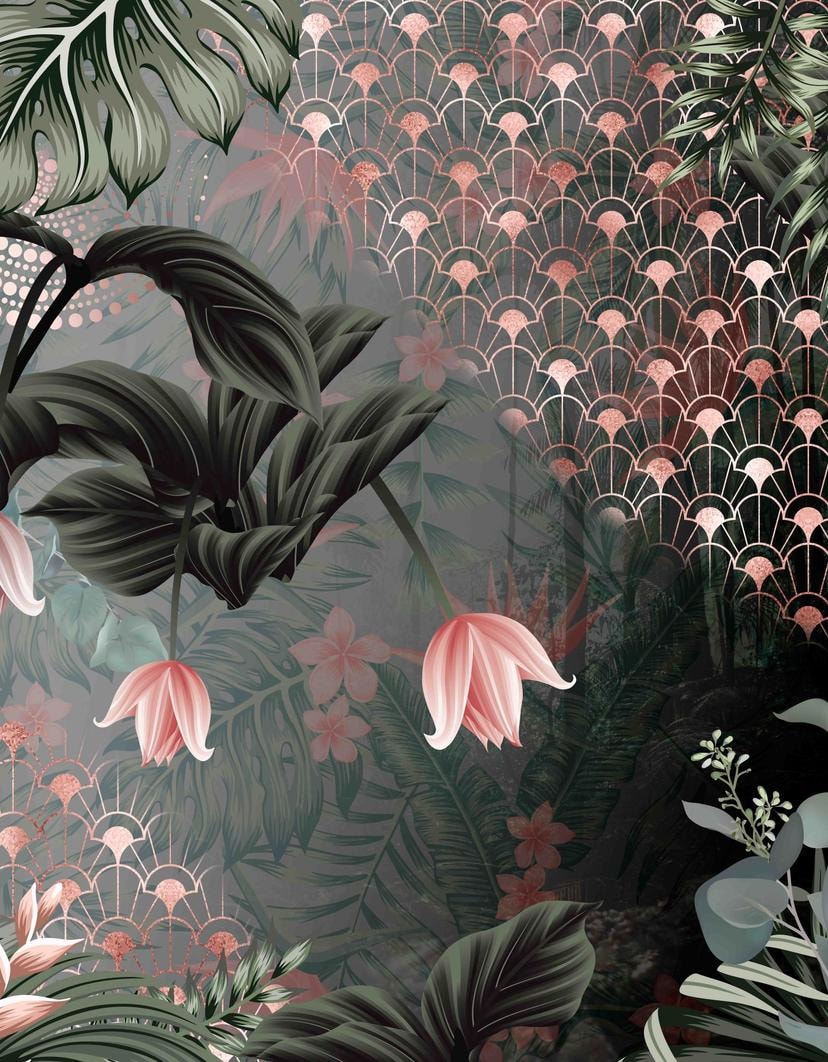Fototapet i art deco-stil Kran i junglen med blomster og viftemønster 3,4 x 2,65 m