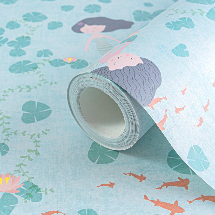 Papel pintado Sirena azul verde - papel pintado infantil con nenúfares y peces