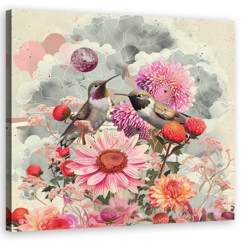 Leinwandbild Bunte Blumen mit Kolibris