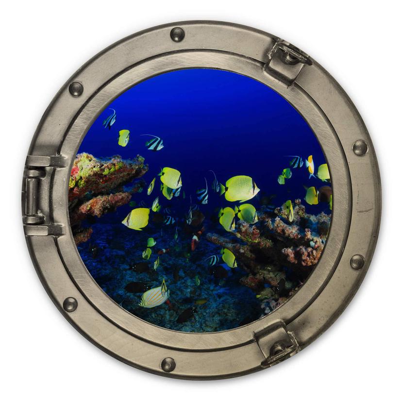 Tableau sur bois 3D optique hublot - monde sous-marin coloré - poissons jaune fluo - rond