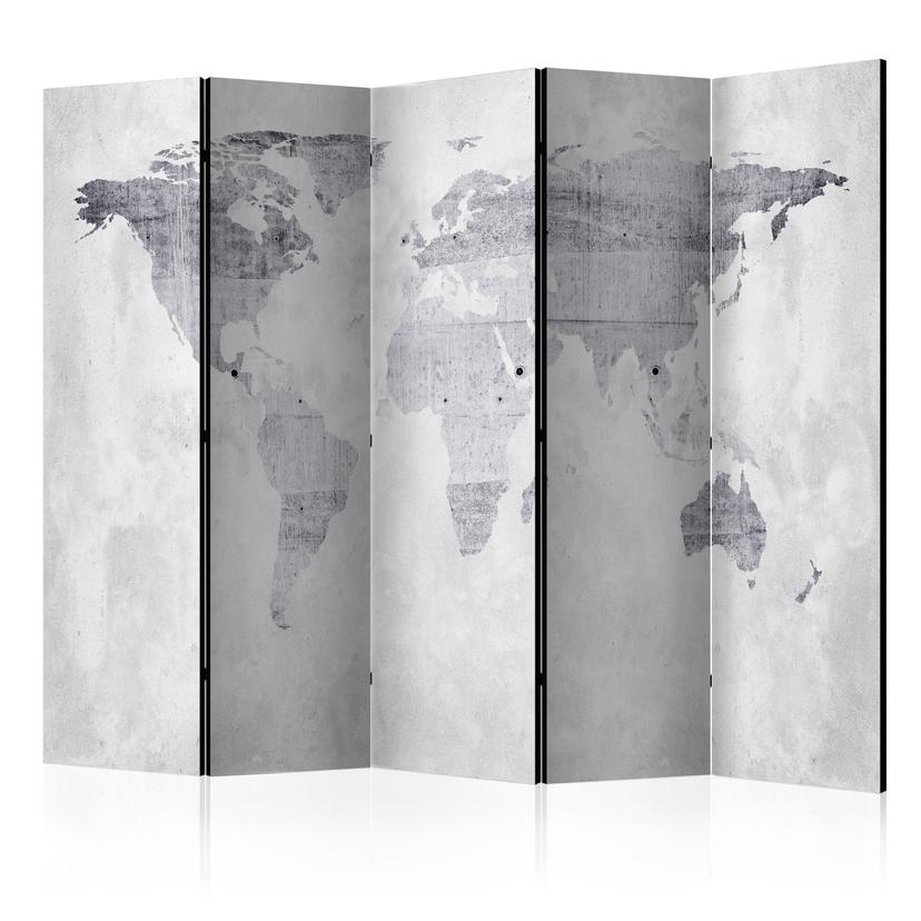 Paravent Séparation de pièce - Carte du monde - Continents de pierre, 5 pièces - 225x172 cm