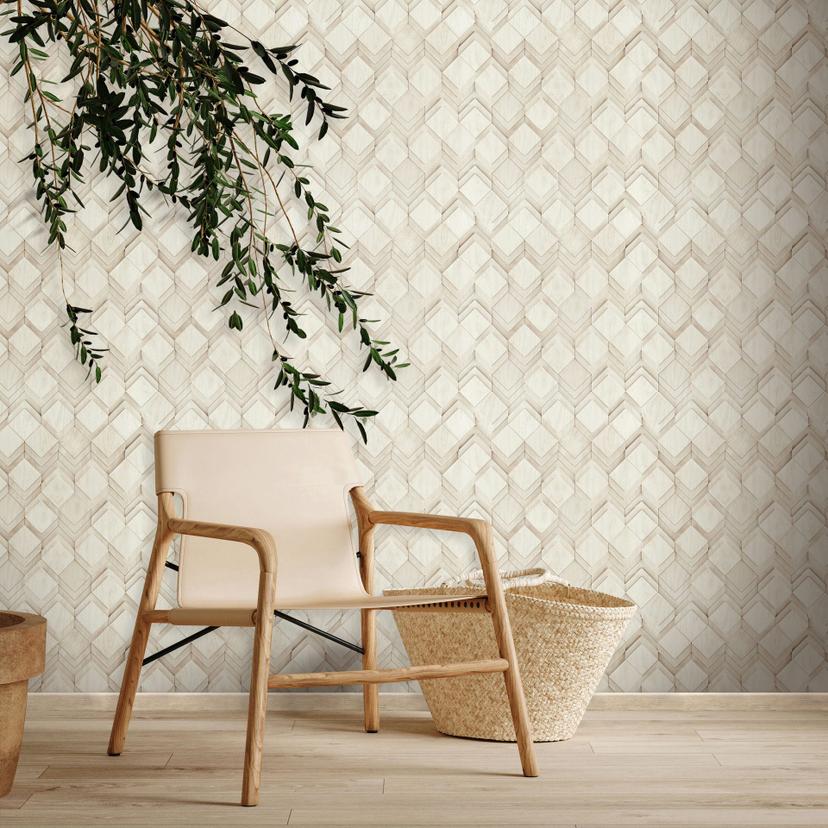 Non-woven tapet i vitt, beige rombillusion 3D-look modern
