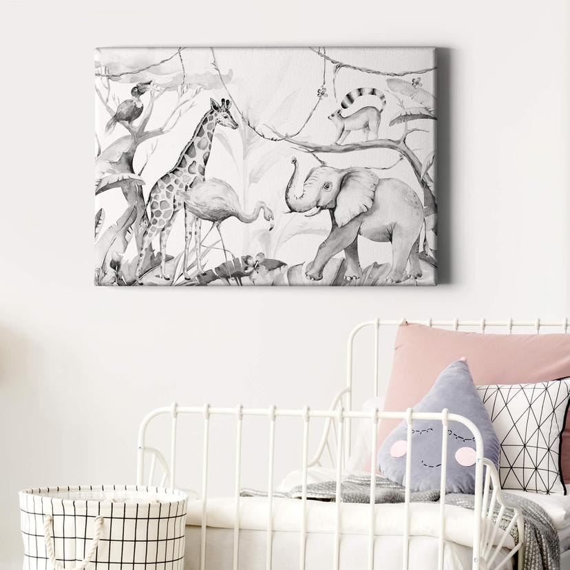 Canvas Kvilis - Dierenvrienden in de Jungle zwart-wit