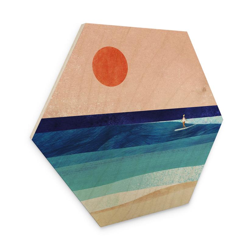 Hexagon-Holzbild Surfer Mädchen beim Sonnenuntergang - Rivers