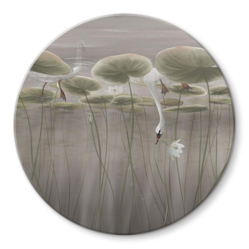 Glasschilderijen Lotusbloemen met zwaan in water in grijs - Ms Tiff - Rond