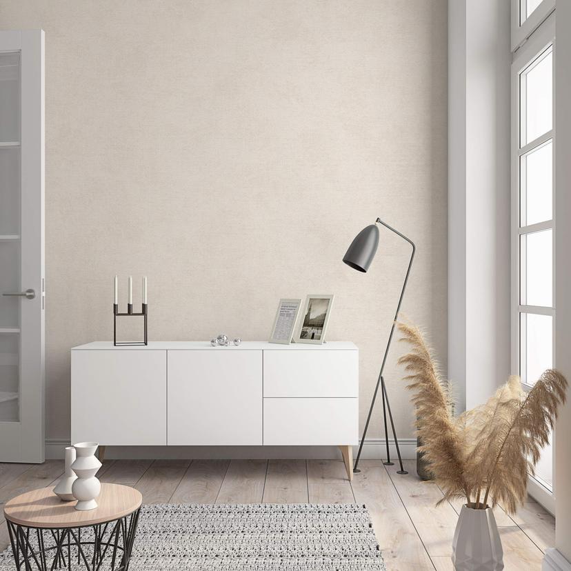Non-woven tapet med moderne ensfarvet look og tekstur i beige ensfarvet