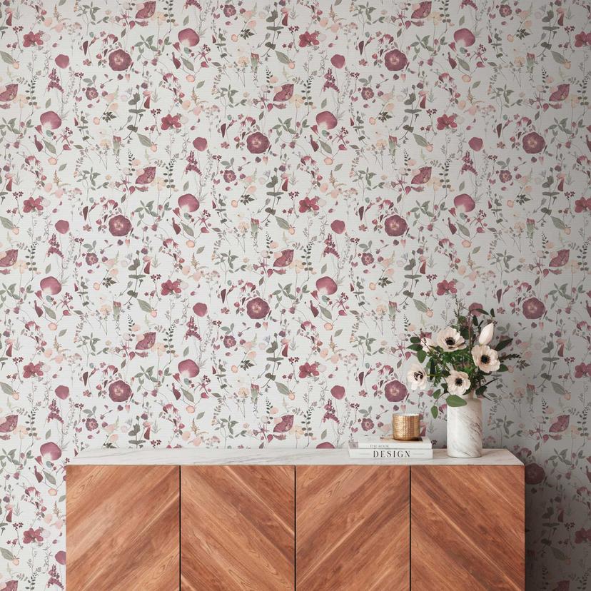 Blomstertapet blomster akvarel - Ikke-vævet tapet i lilla grøn beige - romantisk blomstertapet