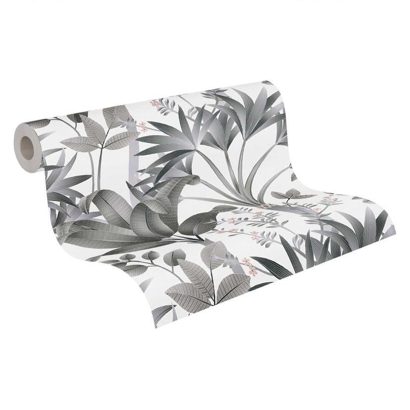 Papel pintado selva en estilo gráfico blanco y negro - Papel pintado no tejido hojas de palmera