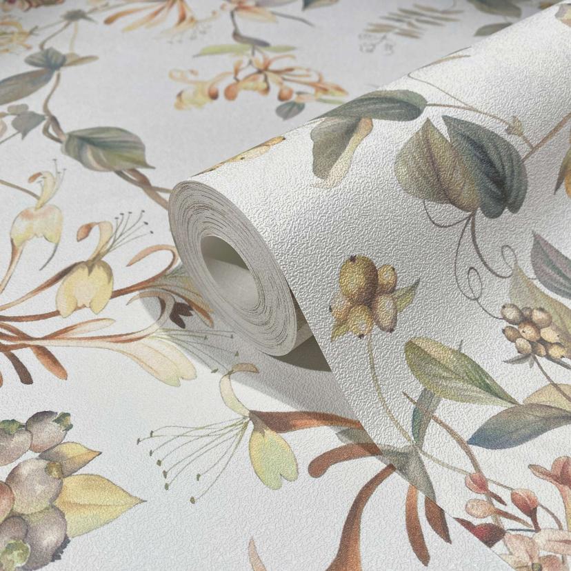 tapet, non-woven blomstertapet Flora hvid, grøn