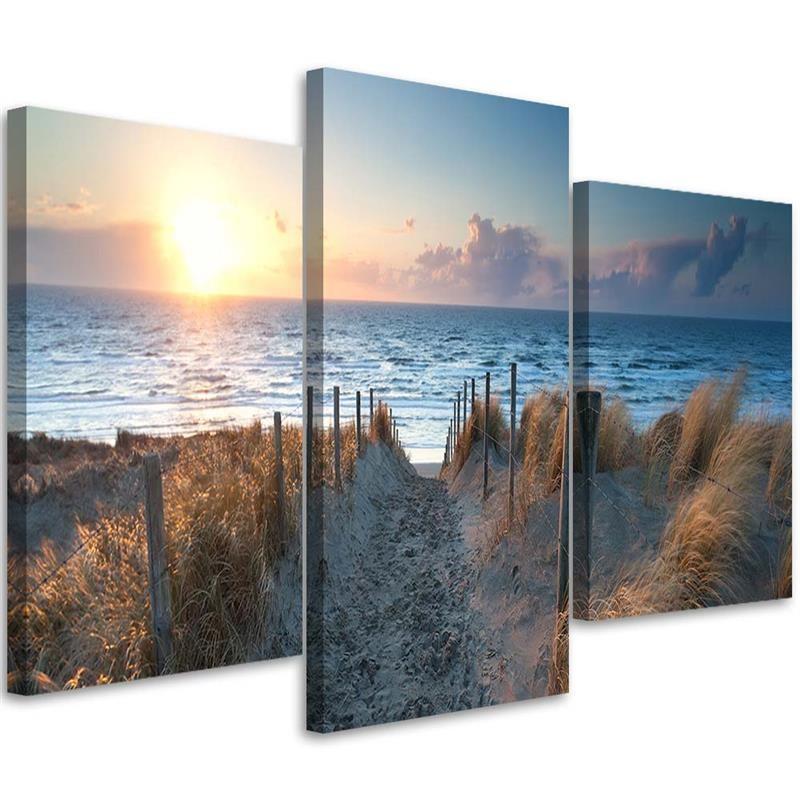 3 stykke lærredstryk, hav ved solnedgang