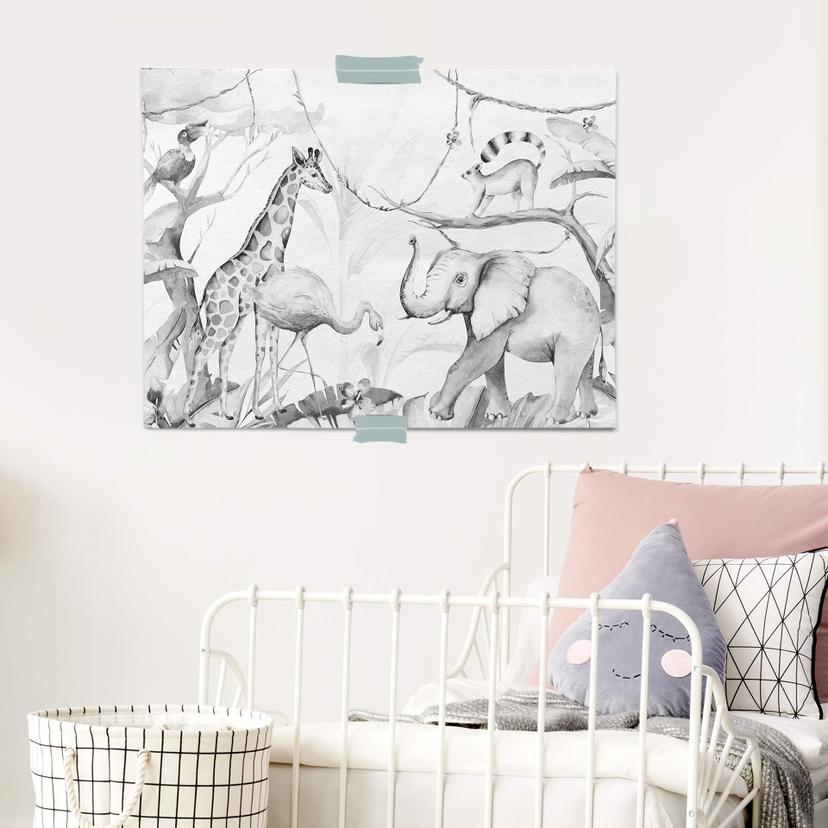 Poster Kvilis - Amis des animaux dans la jungle en noir & blanc