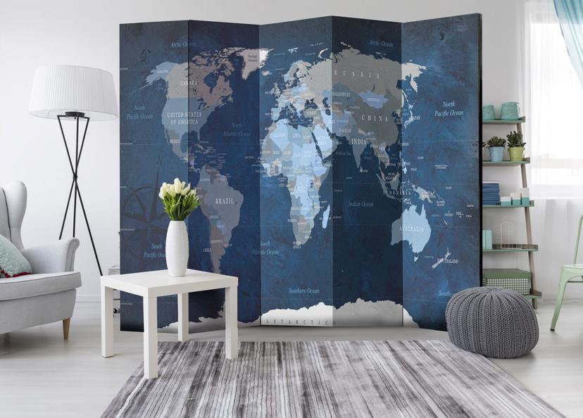 Divisorio per cameretta - Mappamondo - Mondo blu scuro, 5 pezzi - 225x172 cm