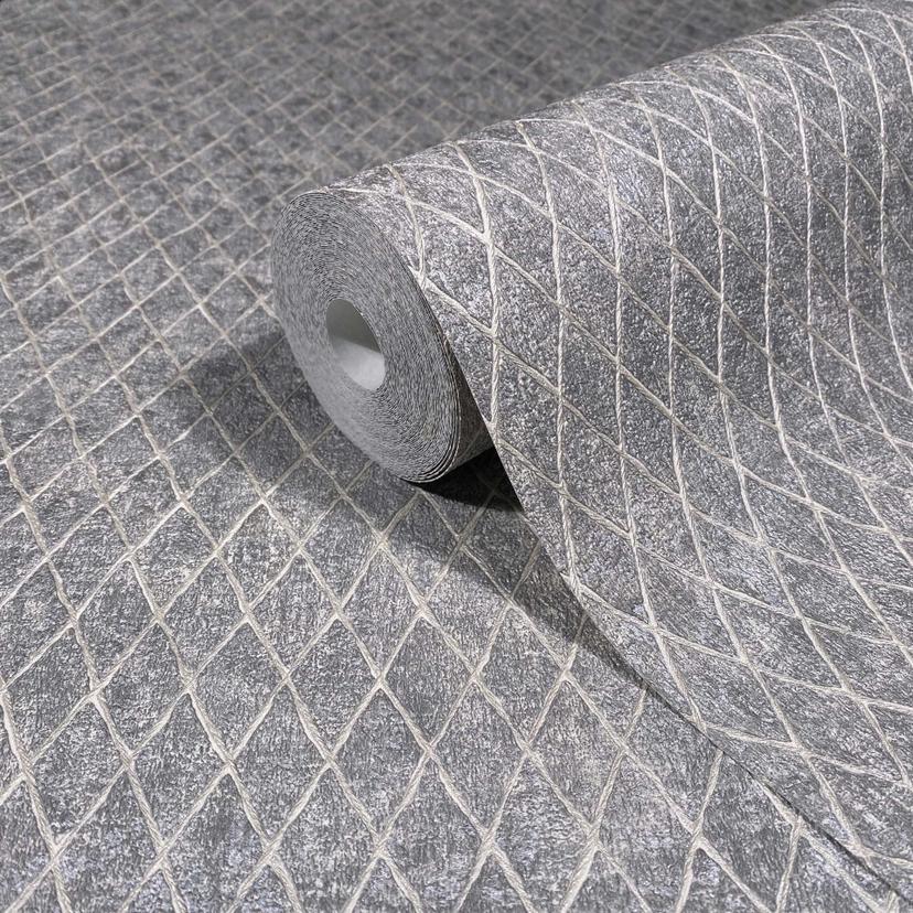 Non-woven tapet i grått, antracit diamantmönster grafiskt geometriskt