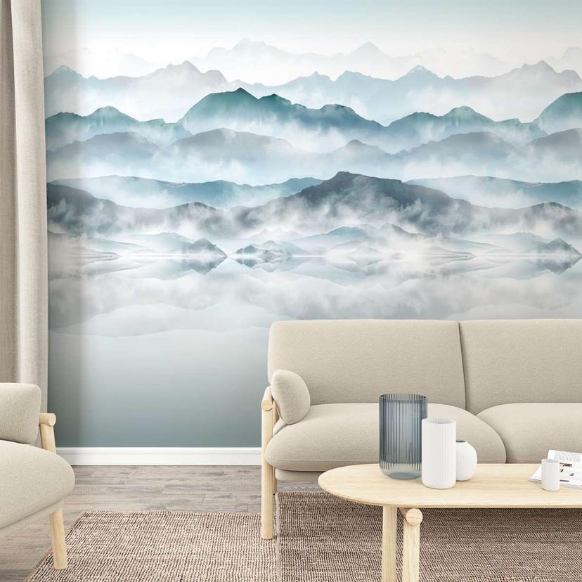 Fototapet med tåge og bjerge Blå, Grå, Illustration 2.70 x 2.12 m