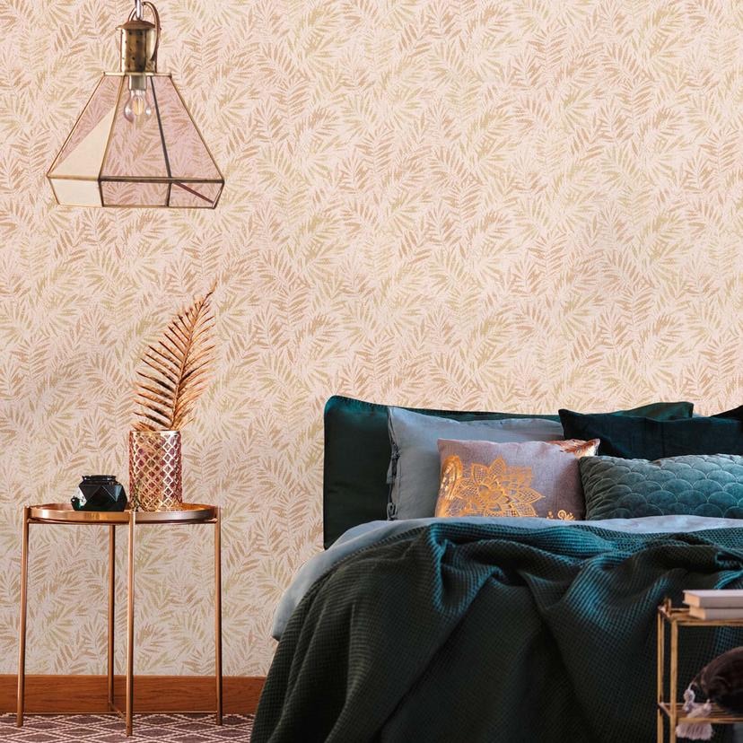 Papel pintado hojas de palmera rosa, oro - Papel pintado no tejido hojas, papel pintado motivo plantas