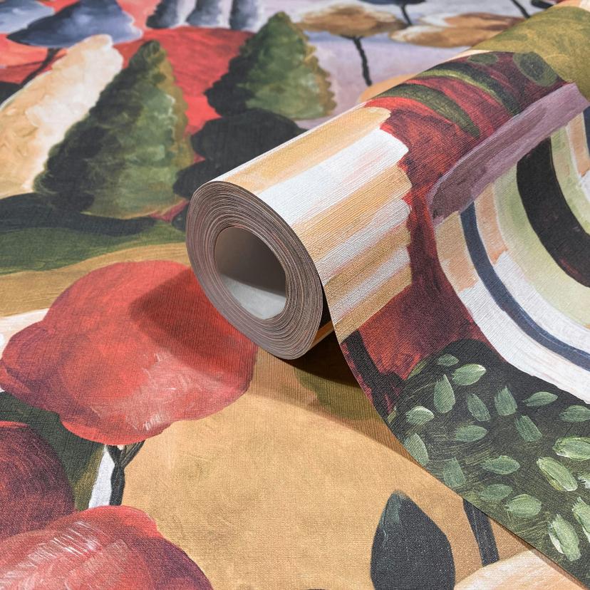 Non-woven tapet i färgglada pittoreska träd grafisk modern
