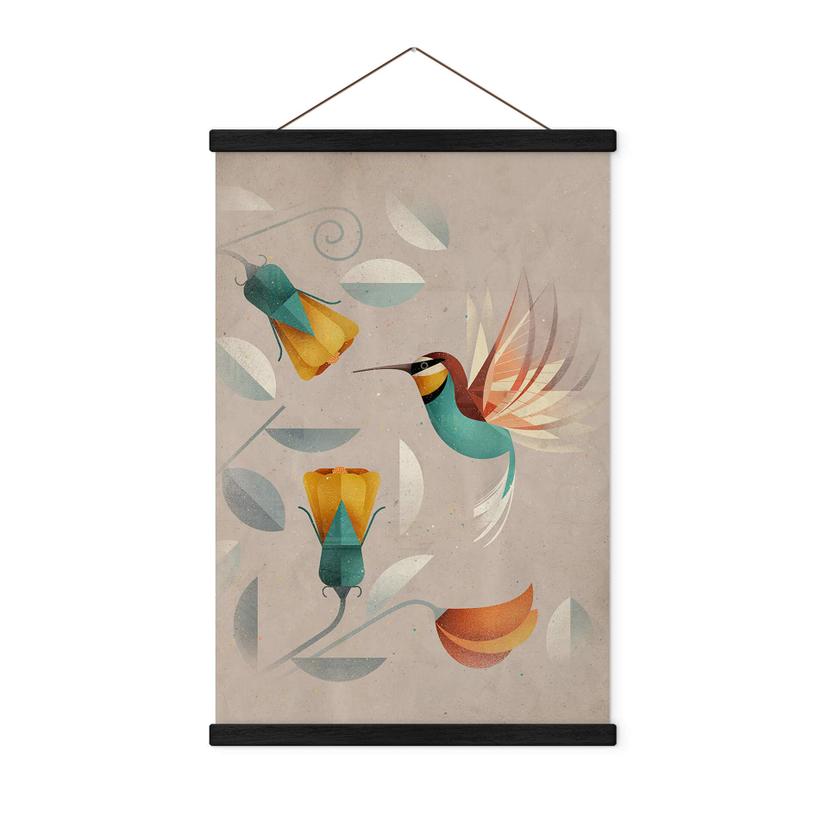 Tekstil plakat med fuglemotiv - Kolibri - Brun