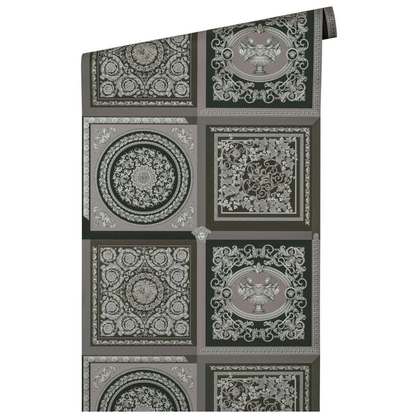 Versace design tapet i sølv og sort non-woven tapet barok look med ranke